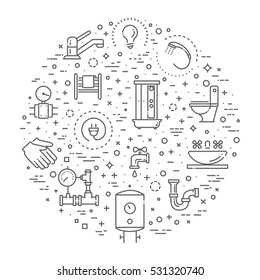 Vector plumbing line icons set. Equipment, bathroom, engineering