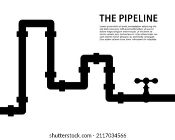 Vector plumbing pipeline for water, gas and oil. Pipe system with valves technology icon. Yellow construction infographic of heating, sewer for supply, business,refinery,factory,sewerage illustration.