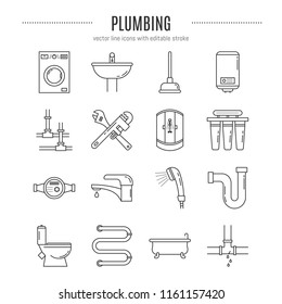 Icono de servicio de fontanería en estilo lineal - bañera, tubos, cabina de ducha, herramientas, filtro de agua, inodoro, etc. Trazo editable