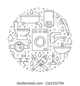 Vector Plumbing service poster with linear icons, made in shape of circle - bathtub, pipes, shower cabin, tools, water filter, toilet and etc.