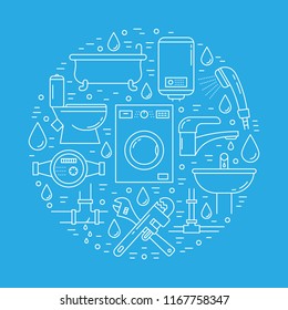 Vector Plumbing service poster with linear icons, made in shape of circle - bathtub, pipes, shower cabin, tools, water filter, toilet and etc. Blue background