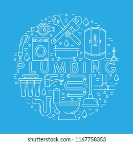 Vector Plumbing service poster with linear icons, made in shape of circle - bathtub, pipes, shower cabin, tools, water filter, toilet and etc. Blue background