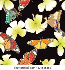 Vector plumeria and butterfly Seamless background