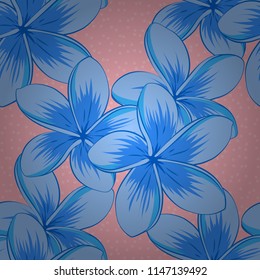 Vector plumeria flower seamless pattern in blue and pink colors.