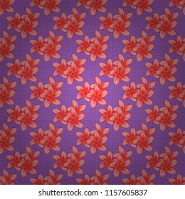 Vector plumeria flower seamless pattern in orange, violet and pink colors.