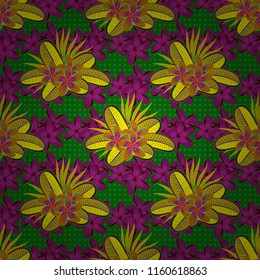 Vector plumeria flower seamless pattern in yellow, purple and green colors.