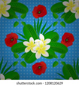 Vector plumeria flower seamless pattern in red, blue and green colors.