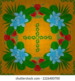 Vector plumeria flower seamless pattern in blue, yellow and green colors.