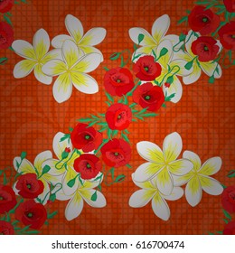 Vector plumeria flower seamless pattern on a orange background.