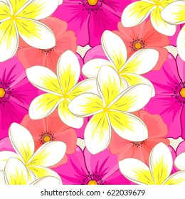 Vector plumeria flower seamless pattern on a beige background.