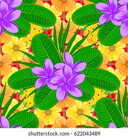 Vector plumeria flower seamless pattern on a red background.