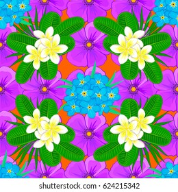 Vector plumeria flower seamless pattern on a orange background.