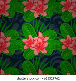 Vector plumeria flower seamless pattern on a blue background.