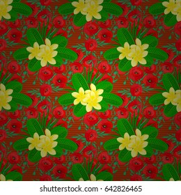 Vector plumeria flower seamless pattern on a brown background.