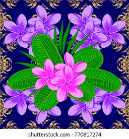 Vector plumeria flowers seamless pattern. Seamless Floral Pattern in blue, green and neutral colors.