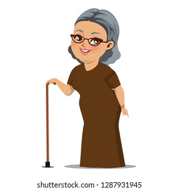 A vector of a plump, cheerful old lady standing with a walking stick.