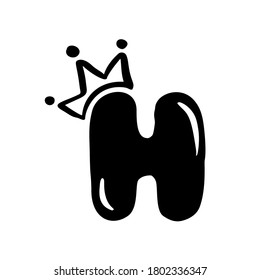 Vector plump vintage cute letter H with crown. Princess element font logo. Valentine hand drawn alphabet sign for page decoration and design illustration. For greeting card, wedding or invitation.