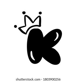Vector plump vintage cute letter K with crown. Princess element font logo. Valentine hand drawn alphabet sign for page decoration and design illustration. For greeting card, wedding or invitation.
