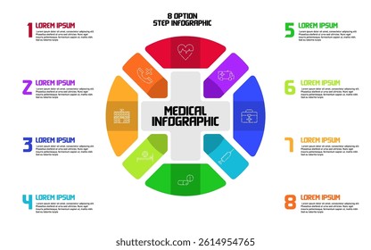 Vector plus infographic, medical diagram, healthcare graph, hospital presentation, emergency chart. Medicine doctor logo. Concept with 8 options, parts, steps, processes.