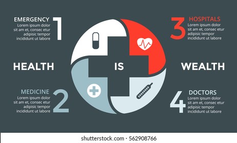 Vector plus infographic, medical diagram, healthcare graph, hospital presentation, emergency chart. Medicine doctor logo. Concept infographics with 4 options, parts, steps, processes. Dark background