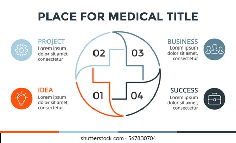 Vector plus infographic, medical diagram, healthcare graph, hospital presentation, emergency chart. Medicine doctor logo. Concept infographics with 4 options, parts, steps, processes.