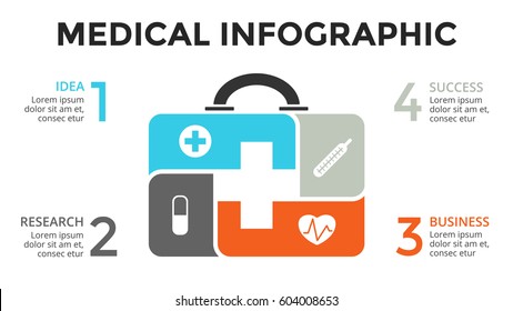 Vector plus infographic, medical diagram, healthcare graph, hospital presentation, emergency chart. Medicine chest doctor logo. Concept with 4 options, parts, steps, processes. 16x9 slide template.