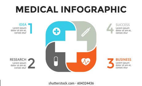 Vector plus infographic, medical diagram, healthcare graph, hospital presentation, emergency chart. Medicine doctor logo. Concept with 4 options, parts, steps, processes.