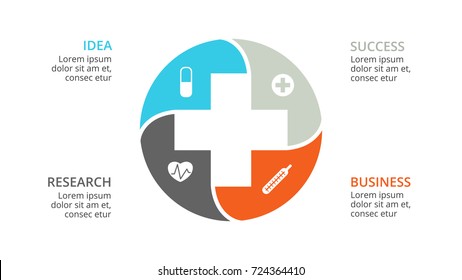 Vector plus infographic, medical diagram, healthcare graph, hospital presentation, emergency chart. Medicine doctor logo. Concept infographics with 4 options, parts, steps, processes.