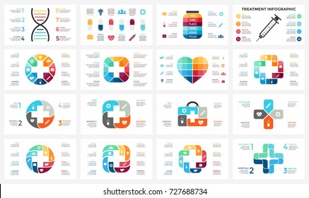 Vector plus infographic, medical diagram, healthcare graph, hospital presentation, emergency chart. Medicine doctor logo. Medication pills treatment. DNA science. Concept with 4, 8 options, parts