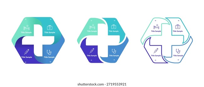 Vetor mais conjunto infográfico, diagrama médico, gráfico de saúde, apresentação hospitalar, gráfico de emergência. Logotipo do médico. Conceito com 4 opções, partes, etapas, processos. vetor editável