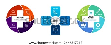 Vector plus infographic set, medical diagram, healthcare graph, hospital presentation, emergency chart. Medicine doctor logo. Concept with 4 options, parts, steps, processes. editable vector