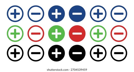 Coleção de Ícones de Sinal de Mais e Sinal de Menos do Vetor. Botões Circular Adicionar, Subtrair, Zoom e Controle de Quantidade para Design UIUX.