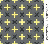 Vector plus seamless geometric pattern in grey and gold. Simple shape made into repeat. Great for background, wallpaper, wrapping paper, packaging, fashion.