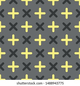 Vector plus seamless geometric pattern in grey and gold. Simple shape made into repeat. Great for background, wallpaper, wrapping paper, packaging, fashion.