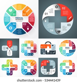 Vector plus sign infographic, medical diagram, health care graph, hospital presentation, emergency chart. Medicine doctor logo. Concept with 4, 8 options, parts, steps, processes. First help symbol.