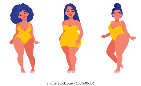 Vector Plus size girls in flat style illustration. Body positive. Attractive overweight women. Female cartoon characters. Happy ladies dressed in swimsuits.