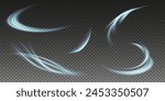 Vector png background with blue glowing lines. Blue glowing lines of speed. Light glow effect. Light trail wave, fire trail line and glow curve swirl.
