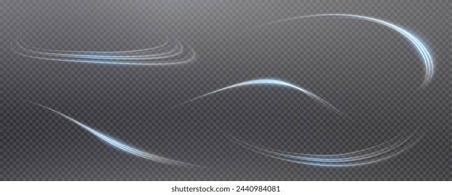 Vector png background with blue glowing lines. Blue glowing lines of speed. Light glow effect. Light trail wave, fire trail line and glow curve swirl.