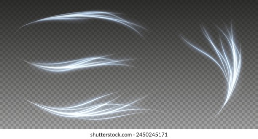 Vector de fondo png con líneas azules brillantes. Líneas azules brillantes de velocidad. Efecto de resplandor ligero. Onda de sendero ligero, línea de sendero de fuego y remolino de curva de resplandor.