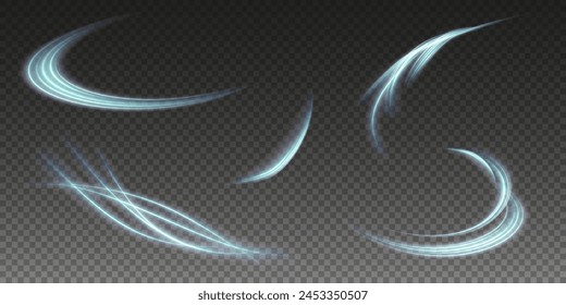 Vector de fondo png con líneas azules brillantes. Líneas azules brillantes de velocidad. Efecto de resplandor ligero. Onda de sendero ligero, línea de sendero de fuego y remolino de curva de resplandor.