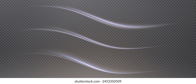 Vector png background with blue glowing lines. Blue glowing lines of speed. Light glow effect. Light trail wave, fire trail line and glow curve swirl.