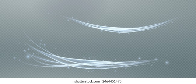 Vector png background with blue glowing lines. Blue glowing lines of speed. Light glow effect. Light trail wave, fire trail line and glow curve swirl.