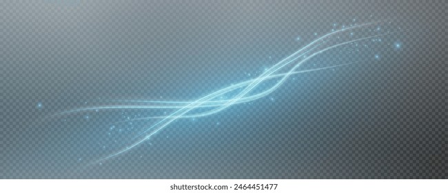 Vector png background with blue glowing lines. Blue glowing lines of speed. Light glow effect. Light trail wave, fire trail line and glow curve swirl.