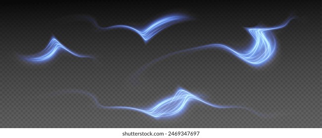Vector png background with blue glowing lines. Blue glowing lines of speed. Light glow effect. Light trail wave, fire trail line and glow curve swirl.