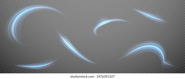 Vektorgrafik PNG Hintergrund mit blauen leuchtenden Linien. Blaue leuchtende Linien der Geschwindigkeit. Lichtglüheffekt. Lichtspurwelle, Feuerspurlinie und Glühkurvenwirbel.