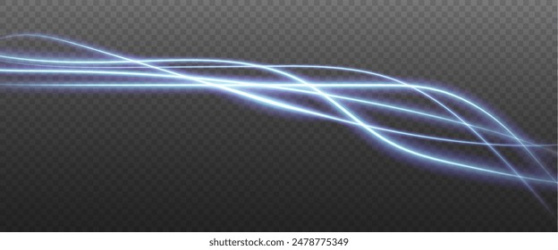 Vector png background with blue glowing lines. Blue glowing lines of speed. Light glow effect. Light trail wave, fire trail line and glow curve swirl.