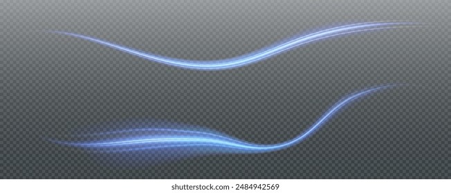Vektorgrafik PNG Hintergrund mit blauen leuchtenden Linien. Blaue leuchtende Linien der Geschwindigkeit. Lichtglüheffekt. Lichtspurwelle, Feuerspurlinie und Glühkurvenwirbel.
