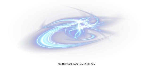 Vector png background with blue glowing lines. Blue glowing lines of speed. Light glow effect. Light trail wave, fire trail line and glow curve swirl.