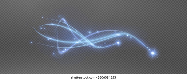 Vector png background with blue glowing lines. Blue glowing lines of speed. Light glow effect. Light trail wave, fire trail line and glow curve swirl.