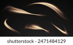 Vector png background with gold glowing lines. Gold glowing lines of speed. Light glow effect. Light trail wave, fire trail line and glow curve swirl.